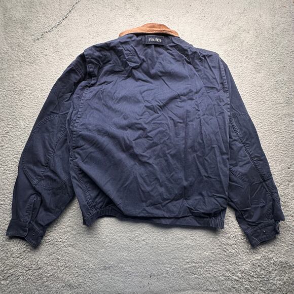 Vintage 90s Nautica Leather Collar Twill Bomber Jacket Mens XL Navy Red Full Zip - Picture 15 of 16